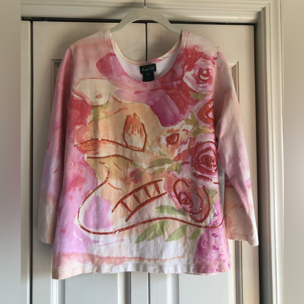 Marshall Field’s, vintage, pastel “painted” 3/4 sleeve shirt with sequins, XXL